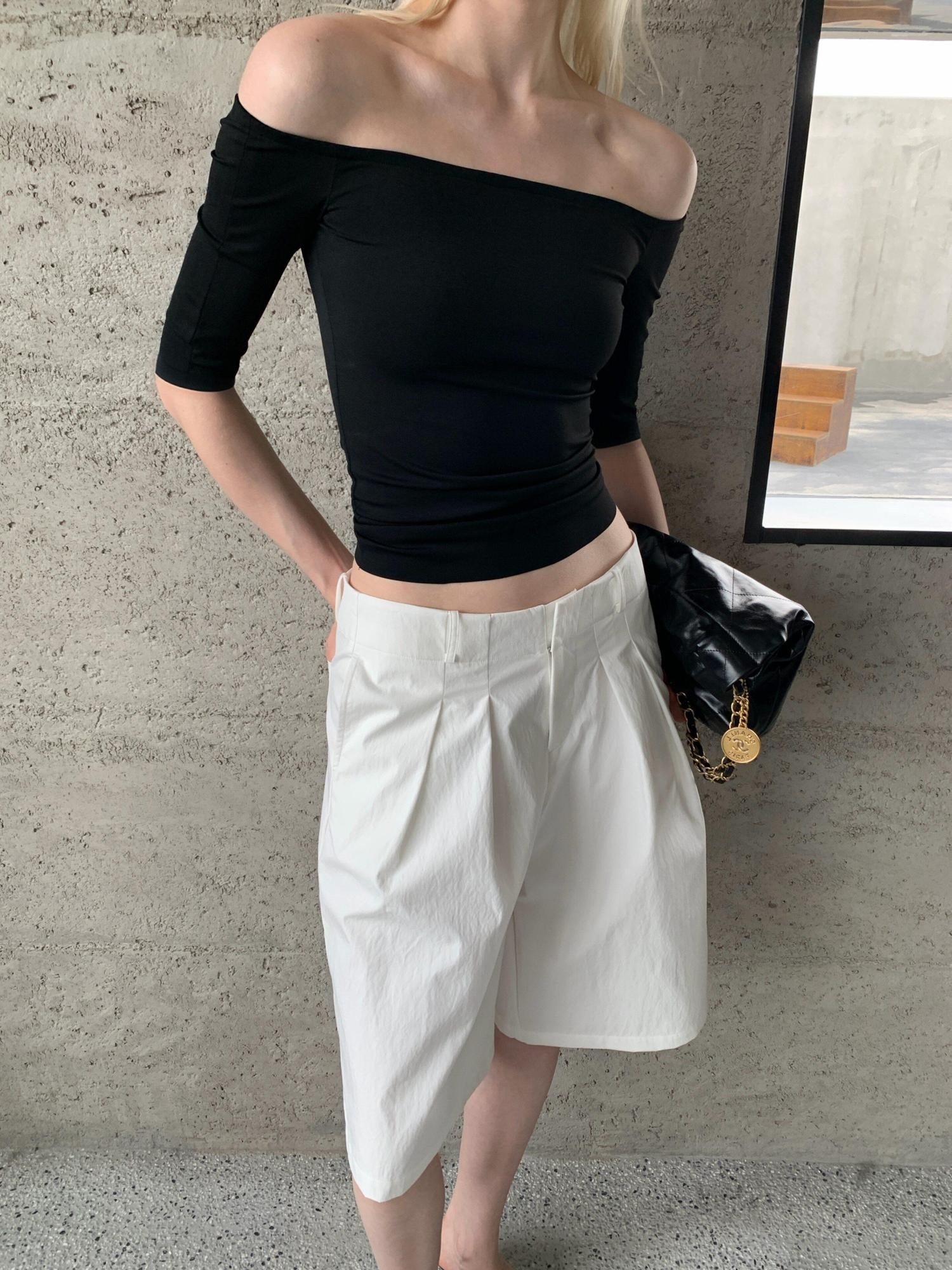 BUZHOU Soft Stretch Cotton Cleanfit Slim Mid Sleeve Women Black Off Shoulder Crop Tops