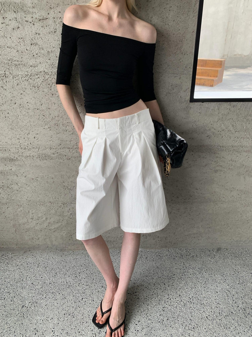 BUZHOU Soft Stretch Cotton Cleanfit Slim Mid Sleeve Women Black Off Shoulder Crop Tops