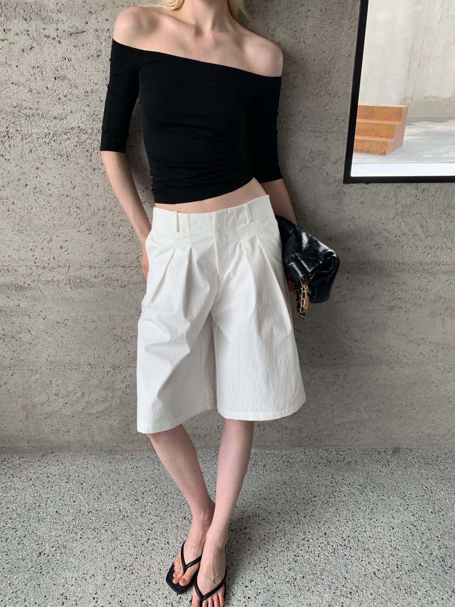BUZHOU Soft Stretch Cotton Cleanfit Slim Mid Sleeve Women Black Off Shoulder Crop Tops