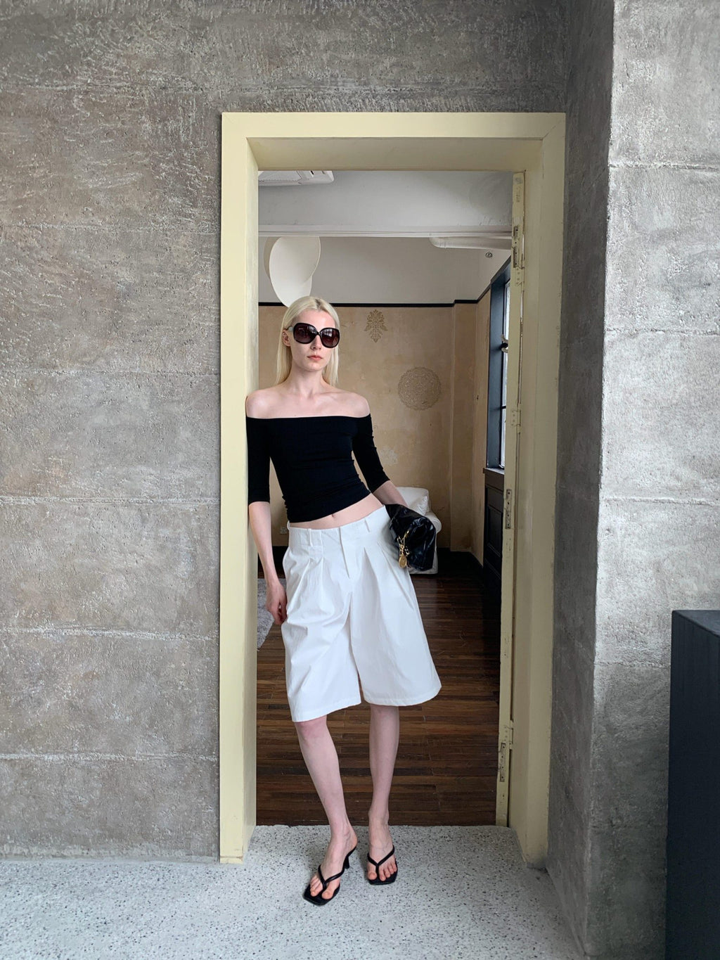 BUZHOU Soft Stretch Cotton Cleanfit Slim Mid Sleeve Women Black Off Shoulder Crop Tops