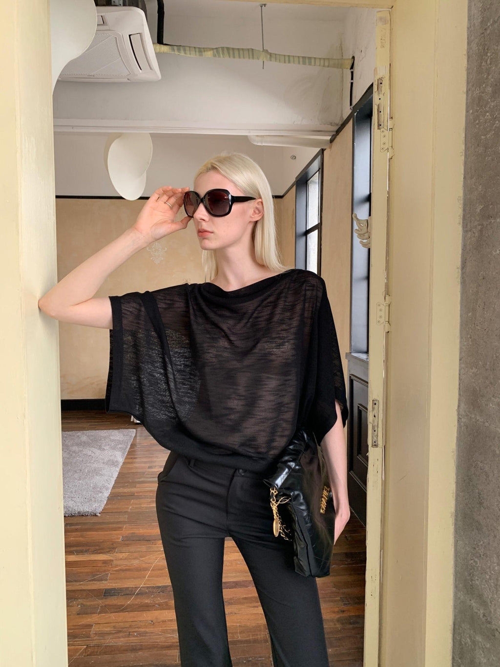 BUZHOU Soft Tencel Elegant Loose Batwing Short Sleeve Black Sheer Oversized T-Shirts