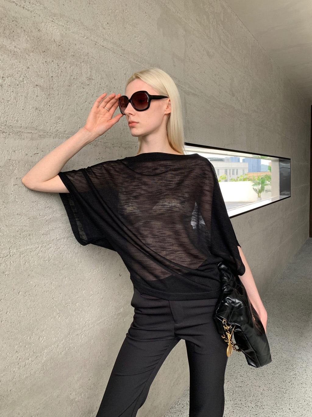 BUZHOU Soft Tencel Elegant Loose Batwing Short Sleeve Black Sheer Oversized T-Shirts
