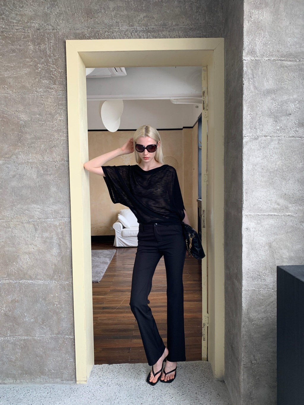 BUZHOU Soft Tencel Elegant Loose Batwing Short Sleeve Black Sheer Oversized T-Shirts