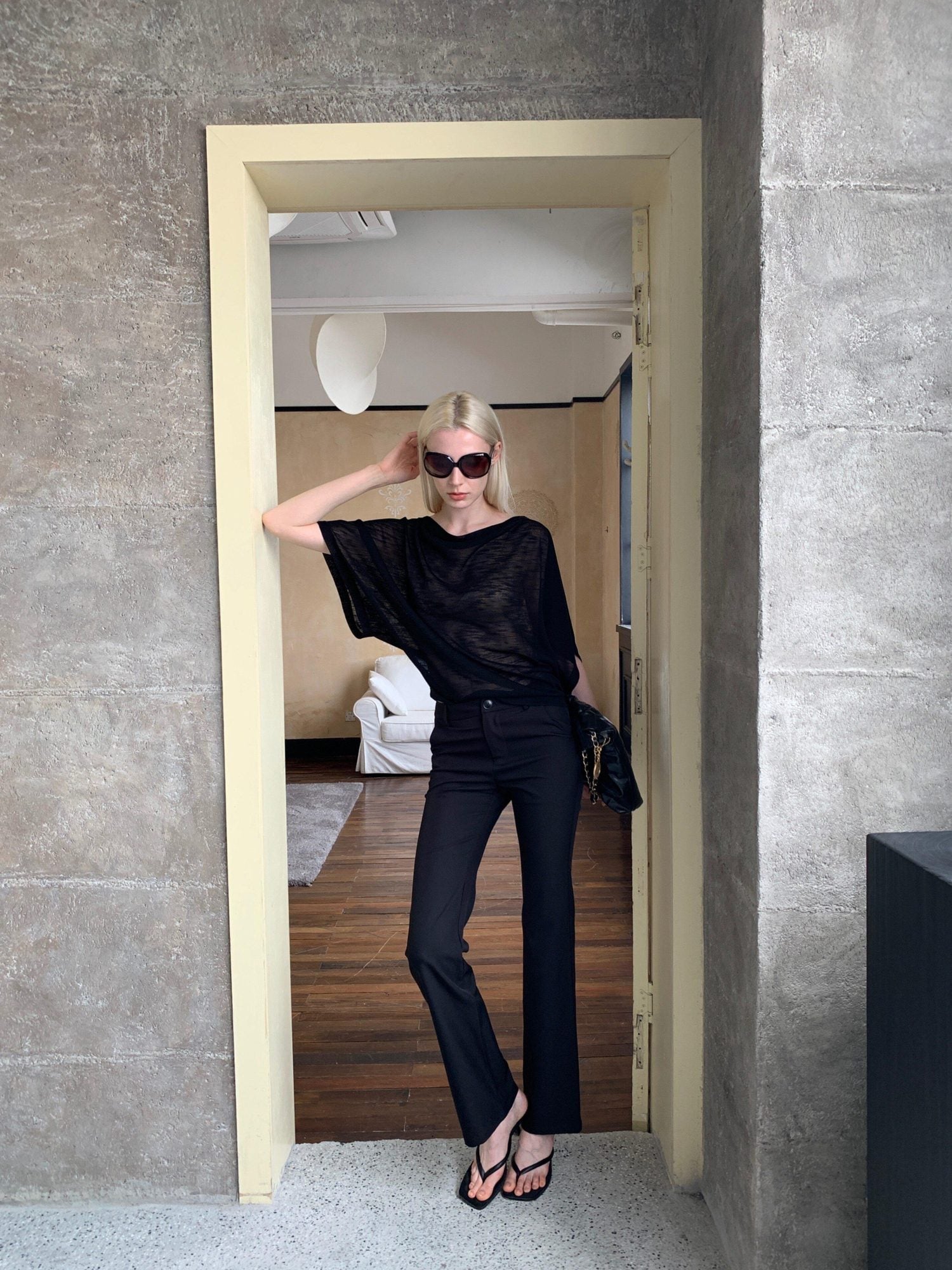 BUZHOU Soft Tencel Elegant Loose Batwing Short Sleeve Black Sheer Oversized T-Shirts