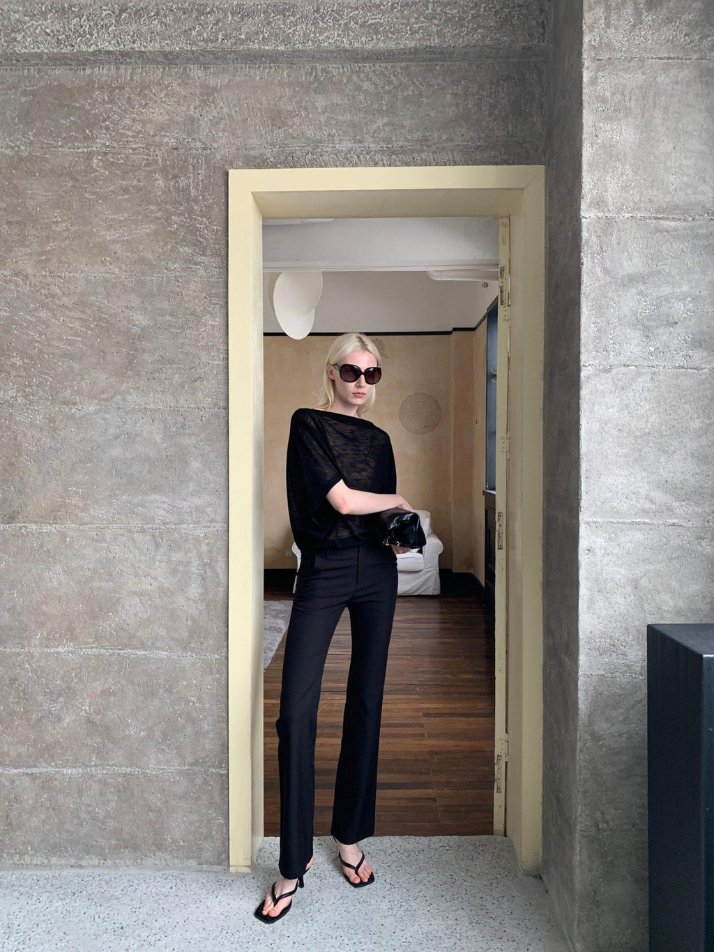 BUZHOU Soft Tencel Elegant Loose Batwing Short Sleeve Black Sheer Oversized T-Shirts
