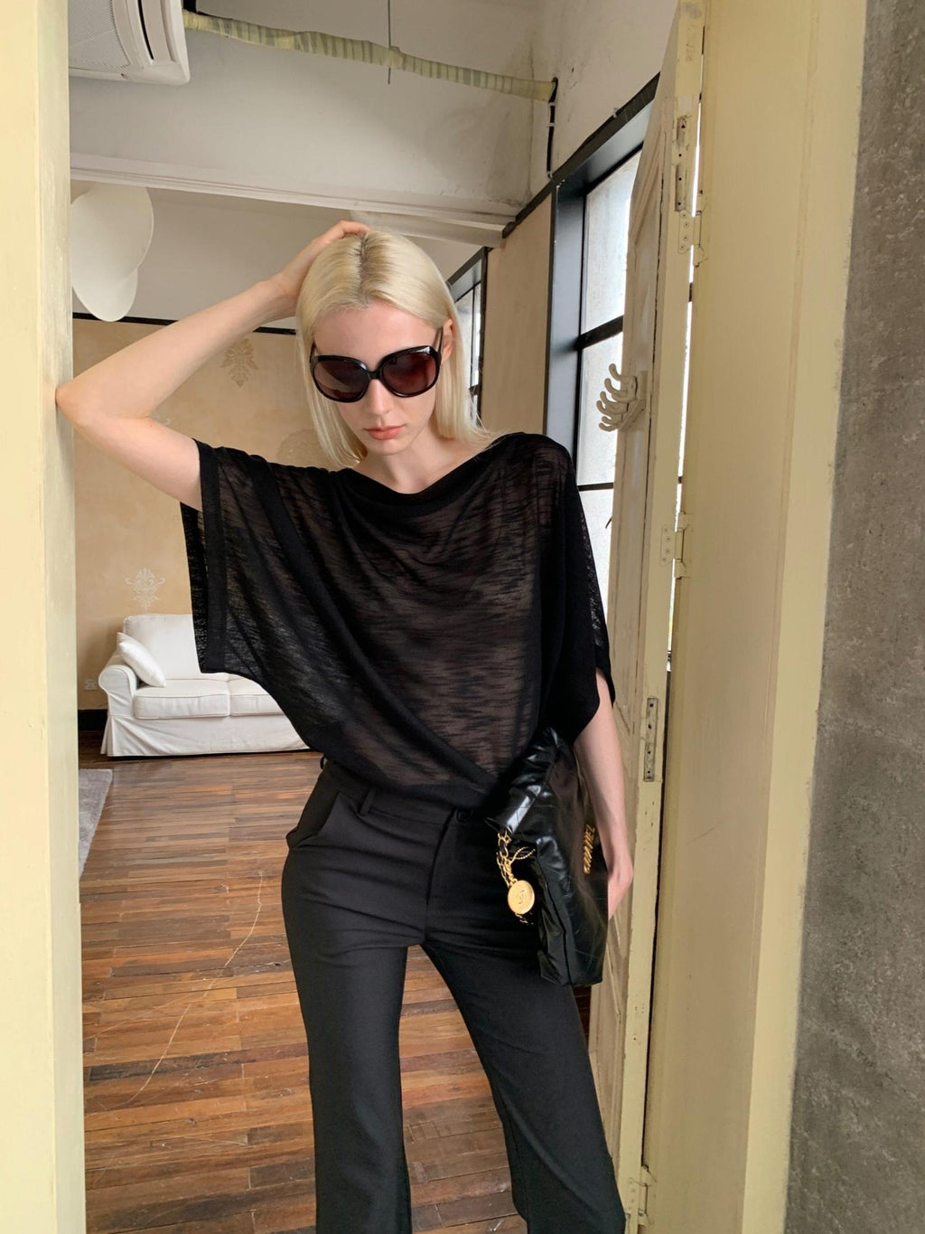 BUZHOU Soft Tencel Elegant Loose Batwing Short Sleeve Black Sheer Oversized T-Shirts