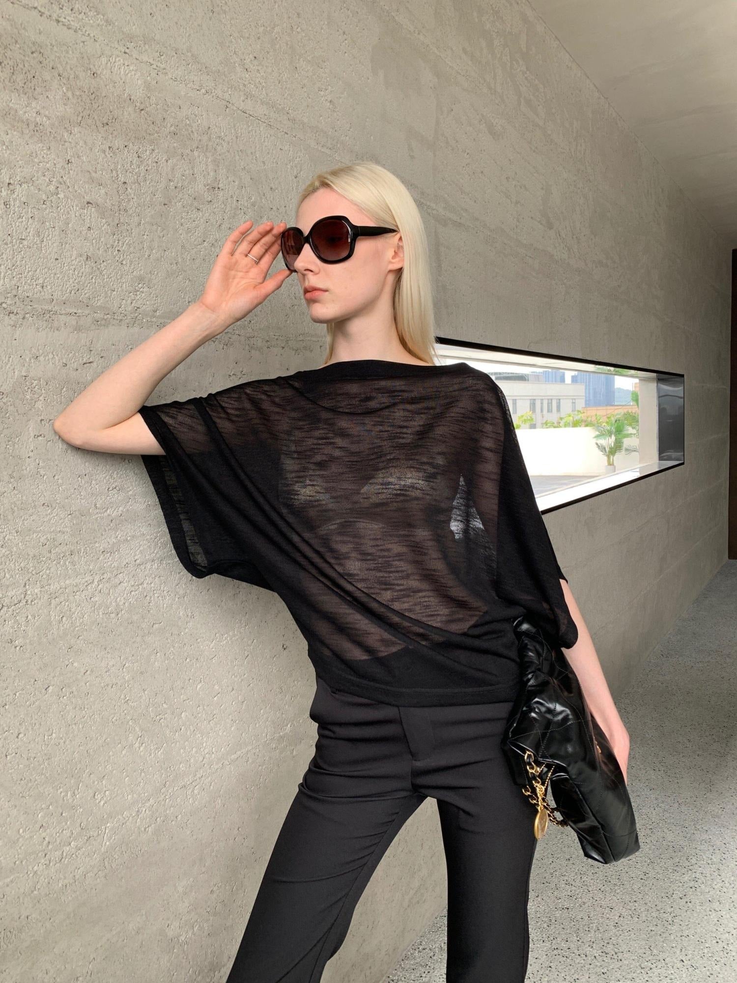 BUZHOU Soft Tencel Elegant Loose Batwing Short Sleeve Black Sheer Oversized T-Shirts