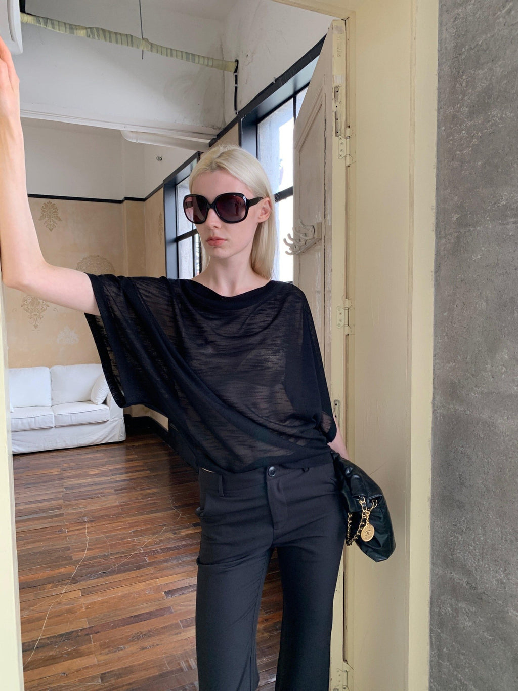 BUZHOU Soft Tencel Elegant Loose Batwing Short Sleeve Black Sheer Oversized T-Shirts