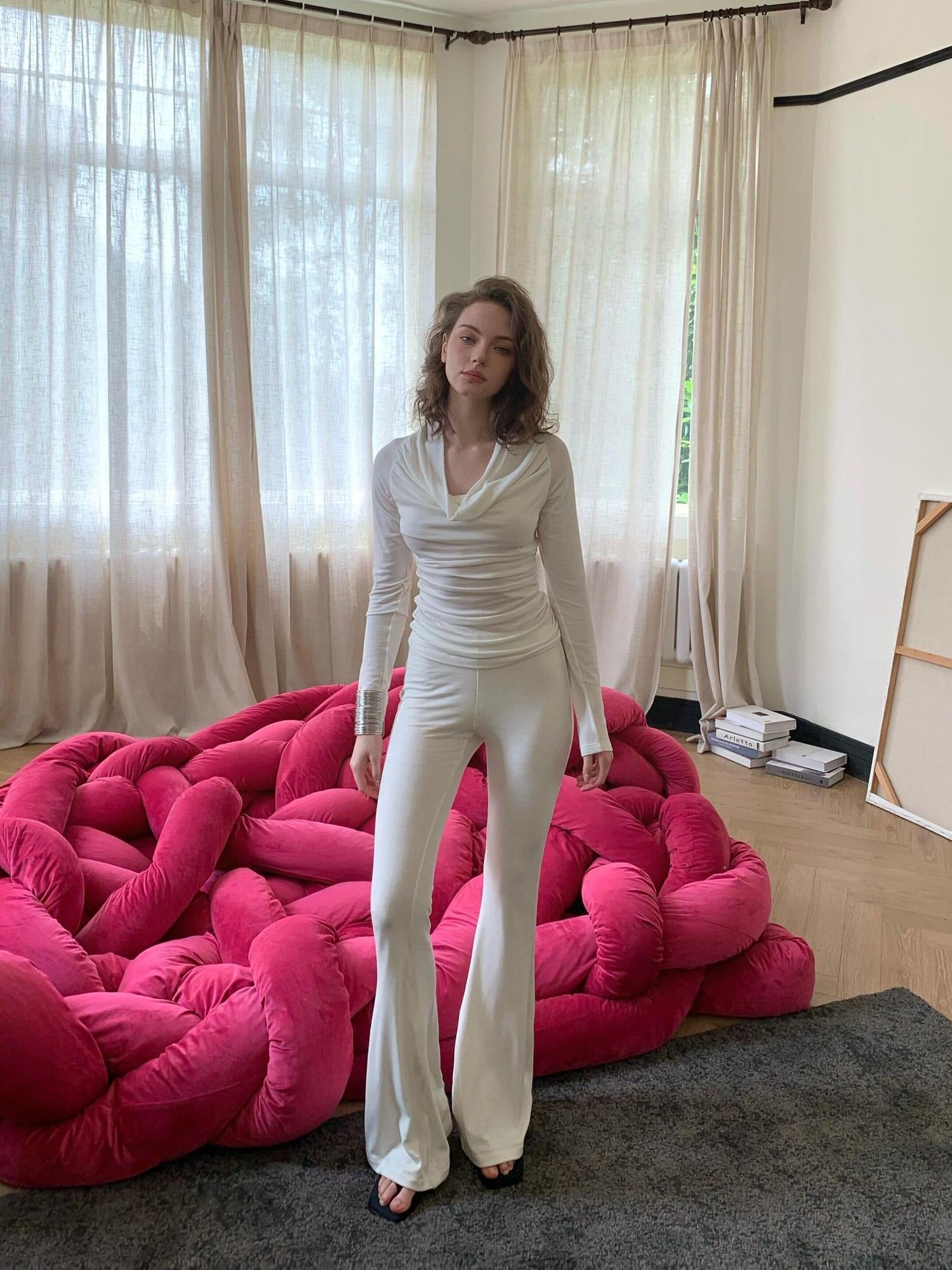 BUZHOU Soft Wool V-neck Pullover Office Women White Double Layer Pants Top & Pants Sets