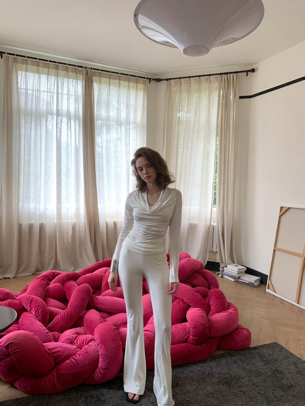 BUZHOU Soft Wool V-neck Pullover Office Women White Double Layer Pants Top & Pants Sets