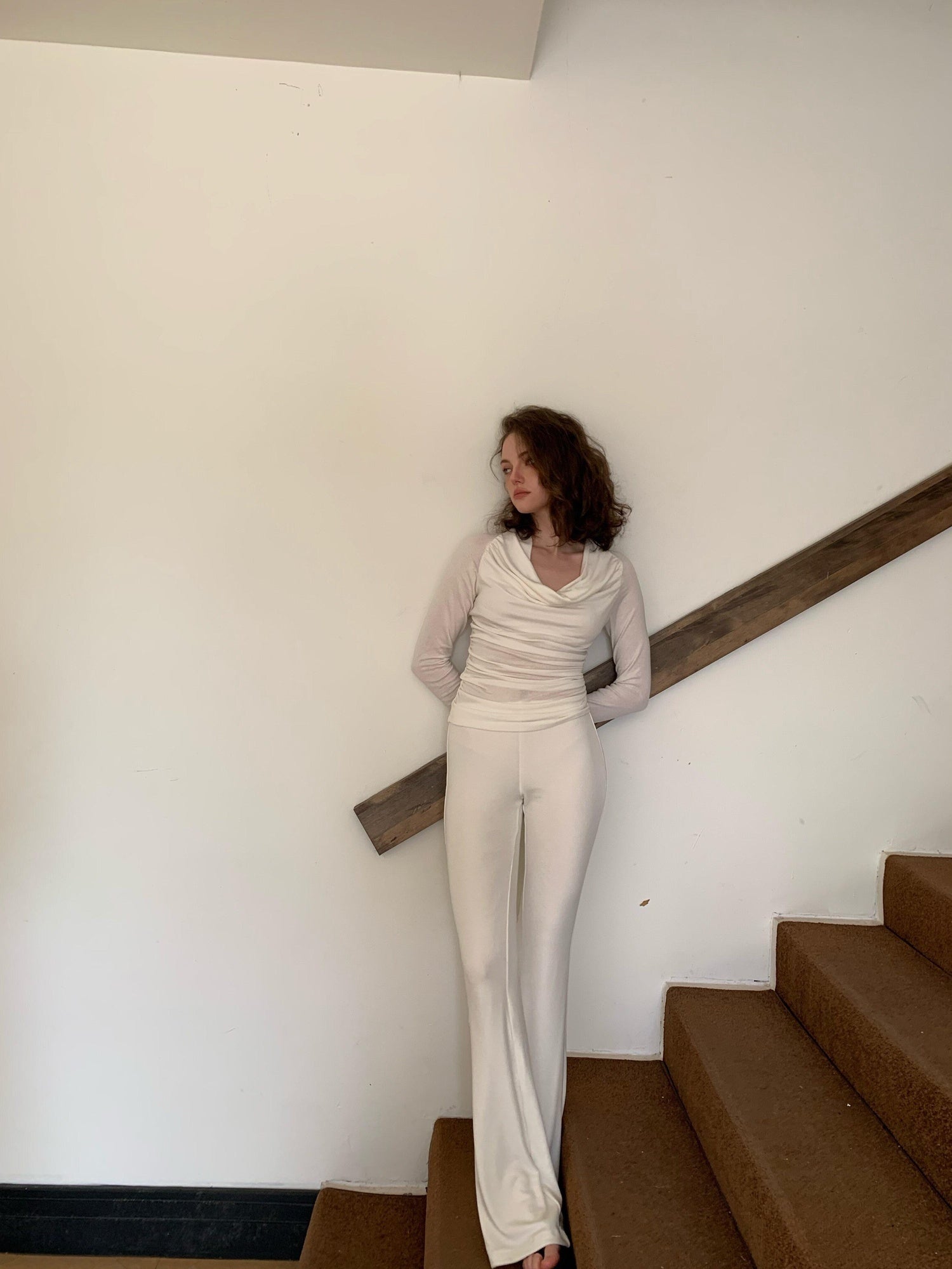 BUZHOU Soft Wool V-neck Pullover Office Women White Double Layer Pants Top & Pants Sets