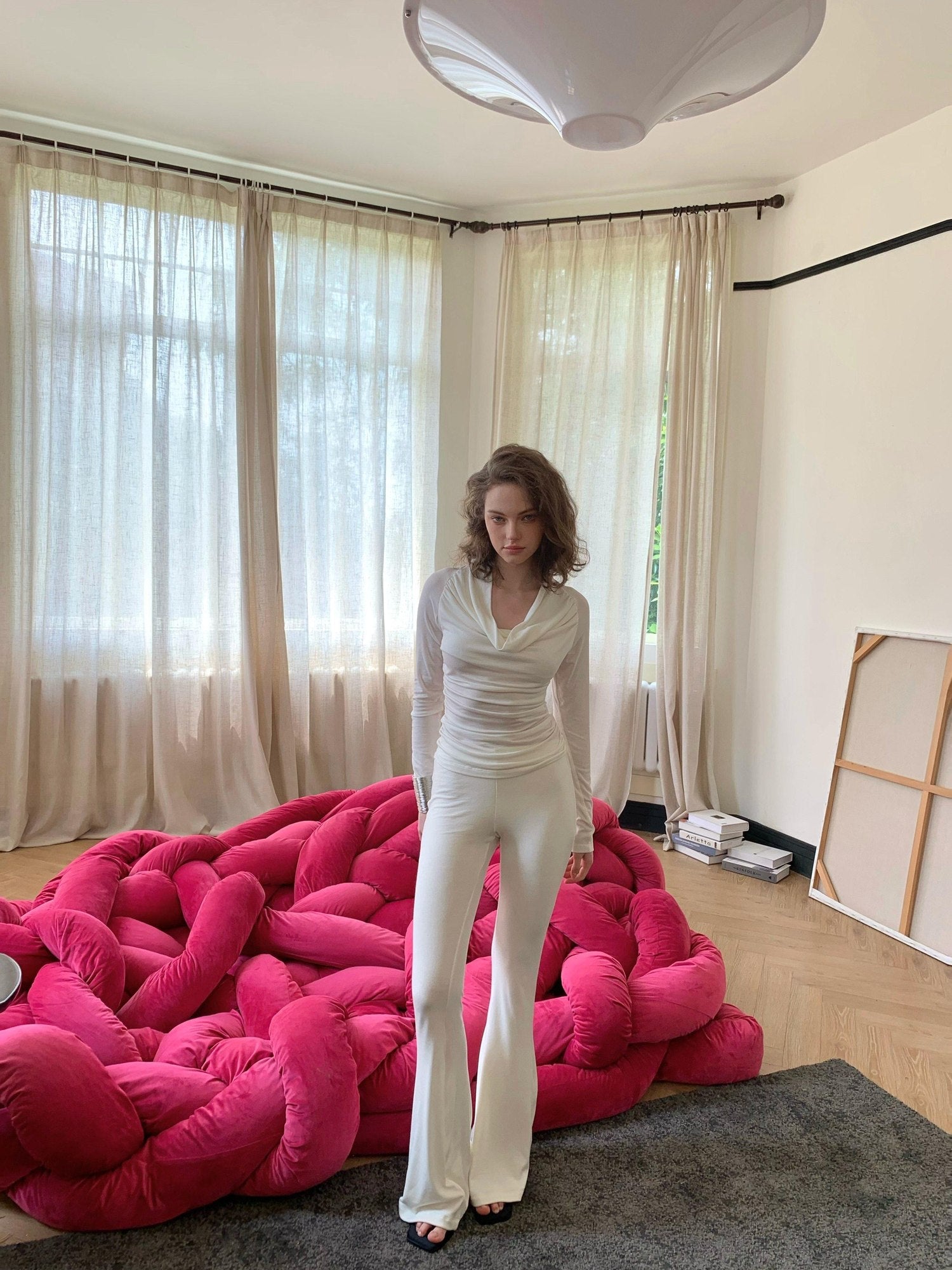 BUZHOU Soft Wool V-neck Pullover Office Women White Double Layer Pants Top & Pants Sets