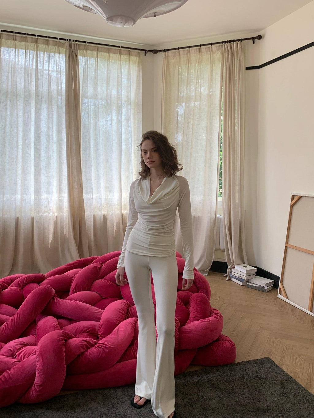 BUZHOU Soft Wool V-neck Pullover Office Women White Double Layer Pants Top & Pants Sets