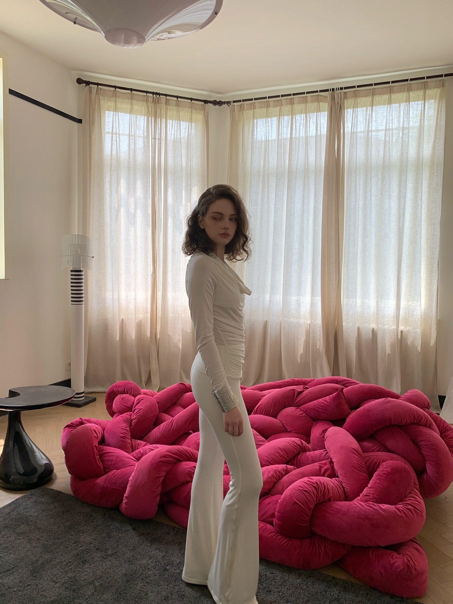 BUZHOU Soft Wool V-neck Pullover Office Women White Double Layer Pants Top & Pants Sets
