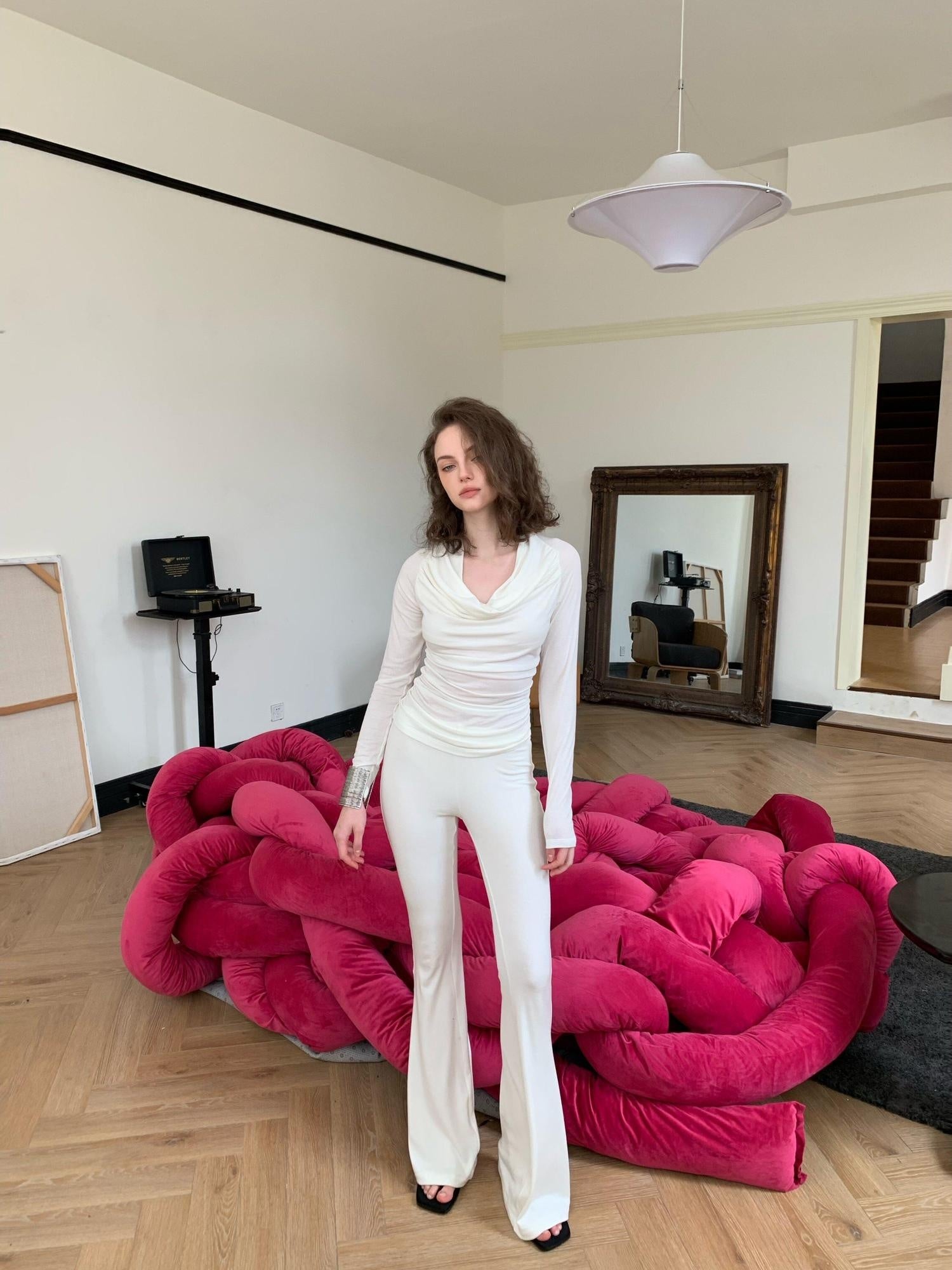 BUZHOU Soft Wool V-neck Pullover Office Women White Double Layer Pants Top & Pants Sets