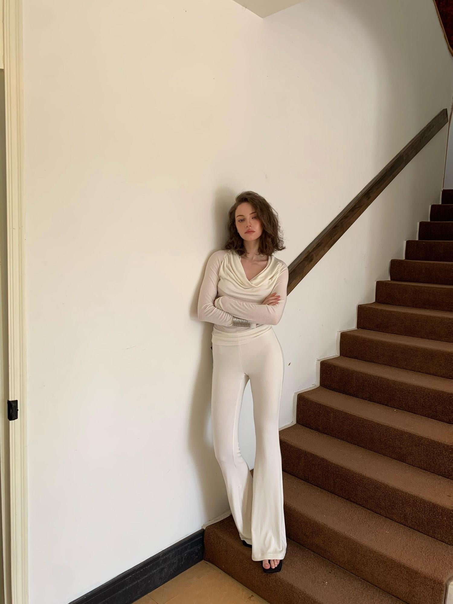 BUZHOU Soft Wool V-neck Pullover Office Women White Double Layer Pants Top & Pants Sets