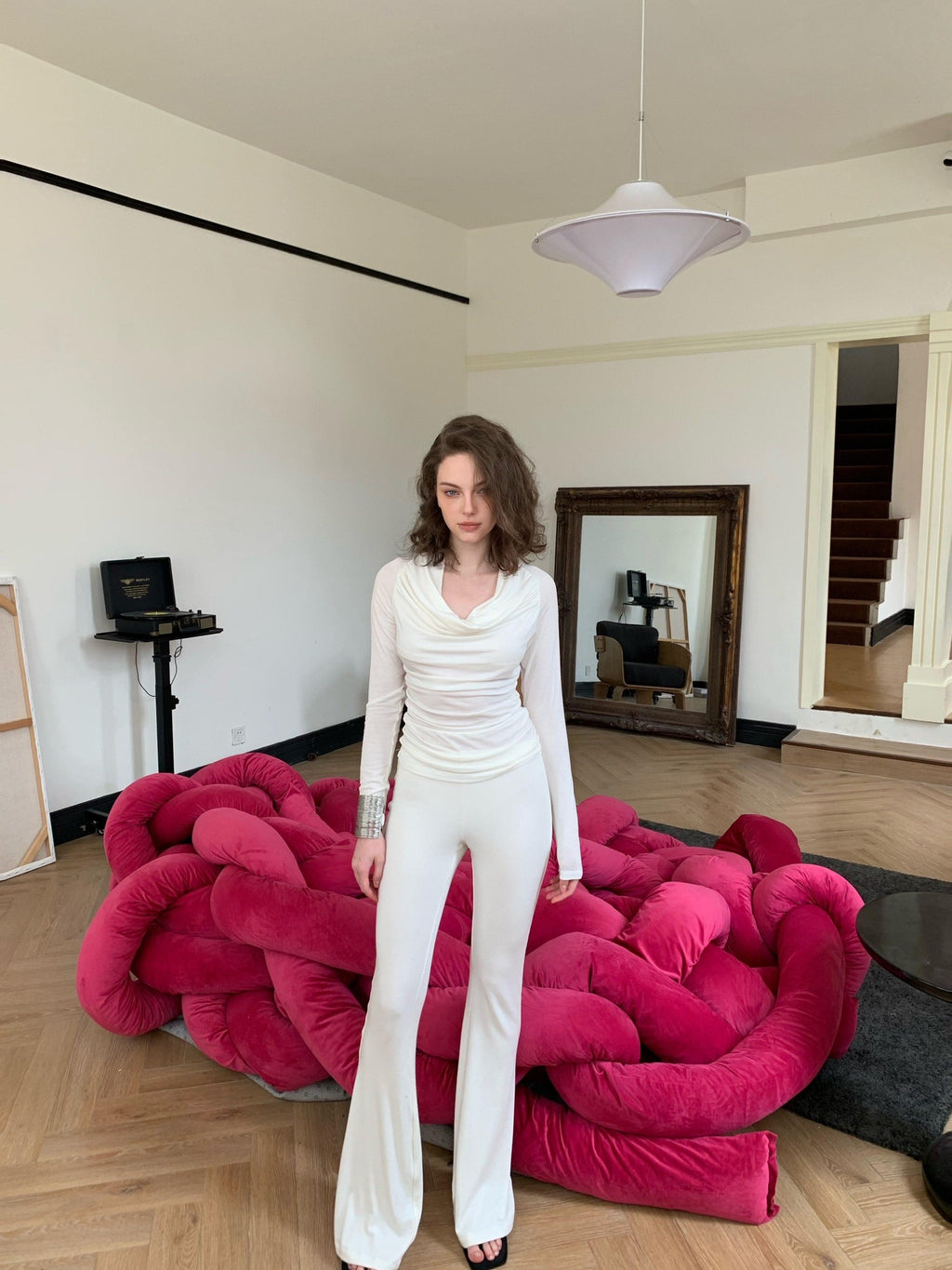 BUZHOU Soft Wool V-neck Pullover Office Women White Double Layer Pants Top & Pants Sets