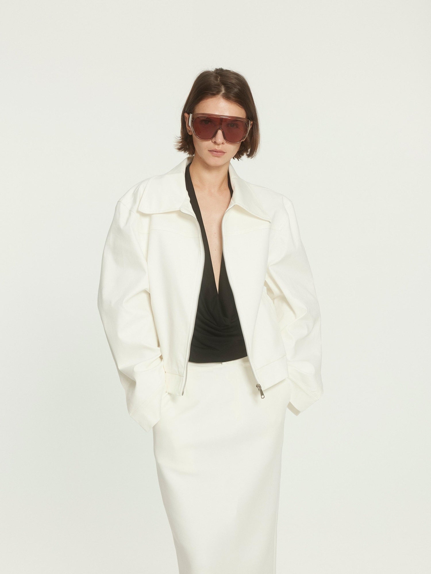 BUZHOU Stretch Cotton Loose Fit Lapel Zip Short White Wide Shoulder Cropped Jackets
