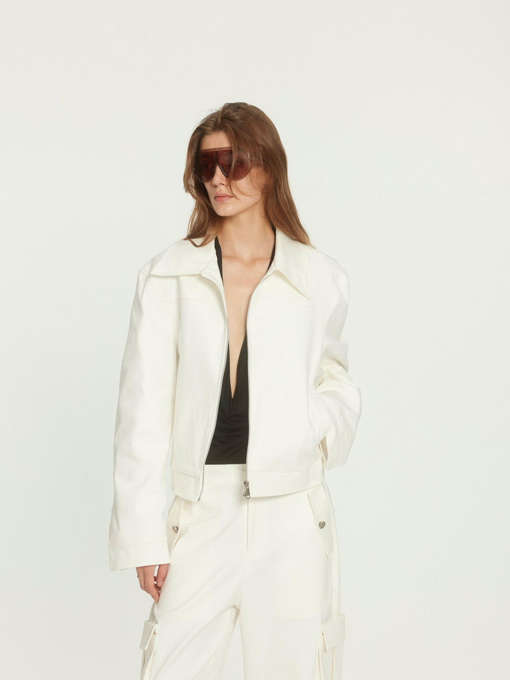 BUZHOU Stretch Cotton Loose Fit Lapel Zip Short White Wide Shoulder Cropped Jackets
