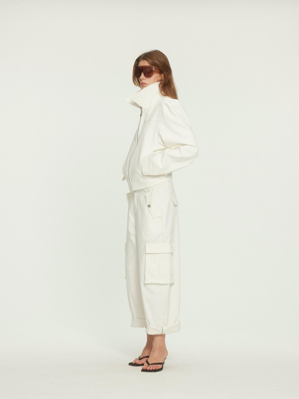BUZHOU Stretch Cotton Loose Fit Lapel Zip Short White Wide Shoulder Cropped Jackets