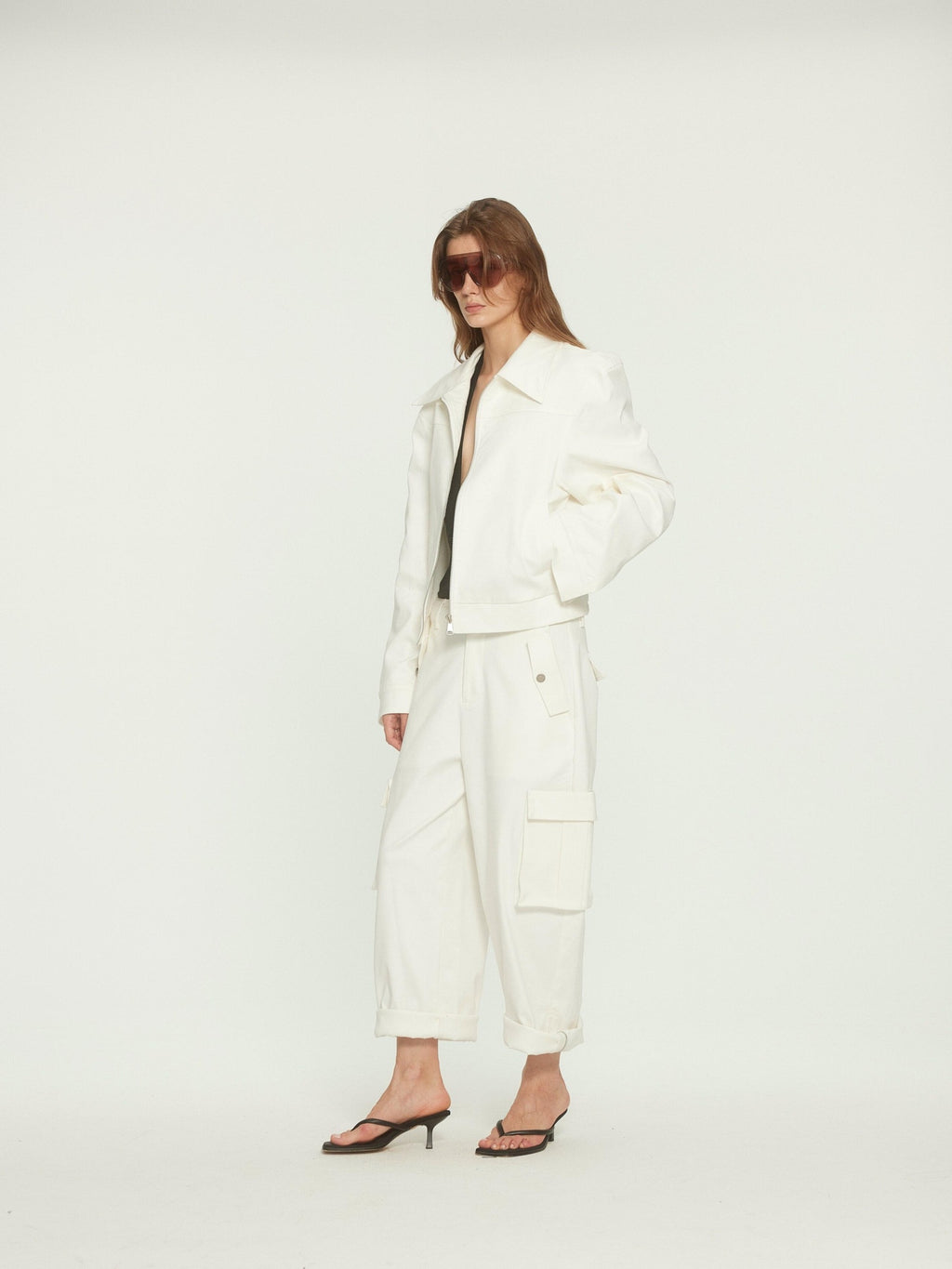 BUZHOU Stretch Cotton Loose Fit Lapel Zip Short White Wide Shoulder Cropped Jackets