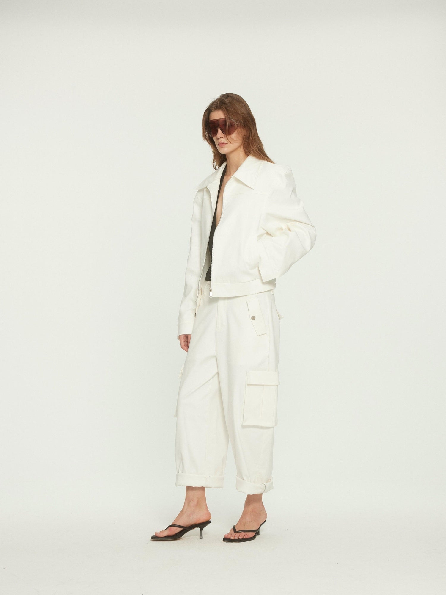 BUZHOU Stretch Cotton Loose Fit Lapel Zip Short White Wide Shoulder Cropped Jackets