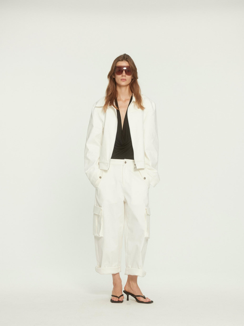 BUZHOU Stretch Cotton Loose Fit Lapel Zip Short White Wide Shoulder Cropped Jackets