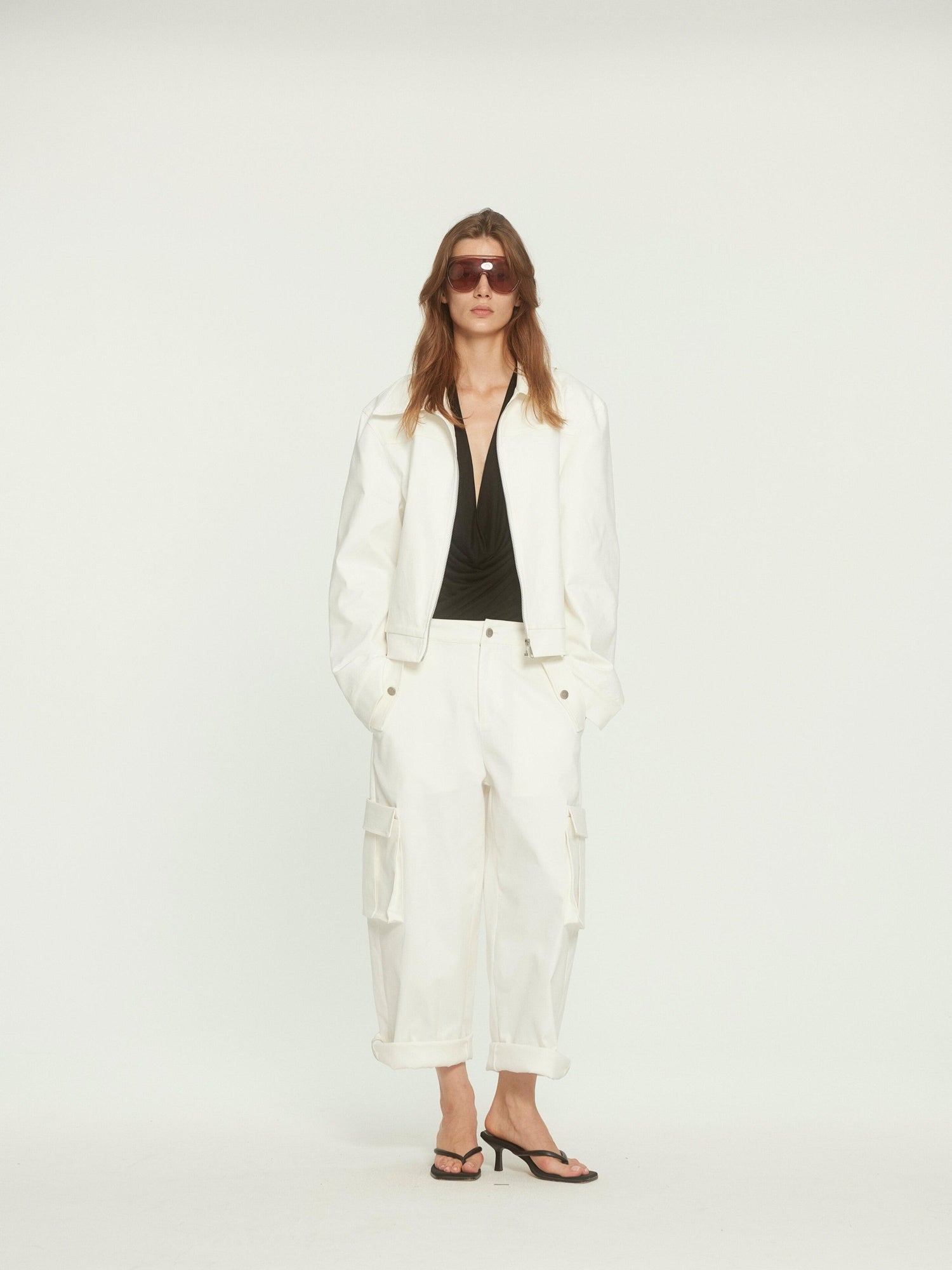 BUZHOU Stretch Cotton Loose Fit Lapel Zip Short White Wide Shoulder Cropped Jackets