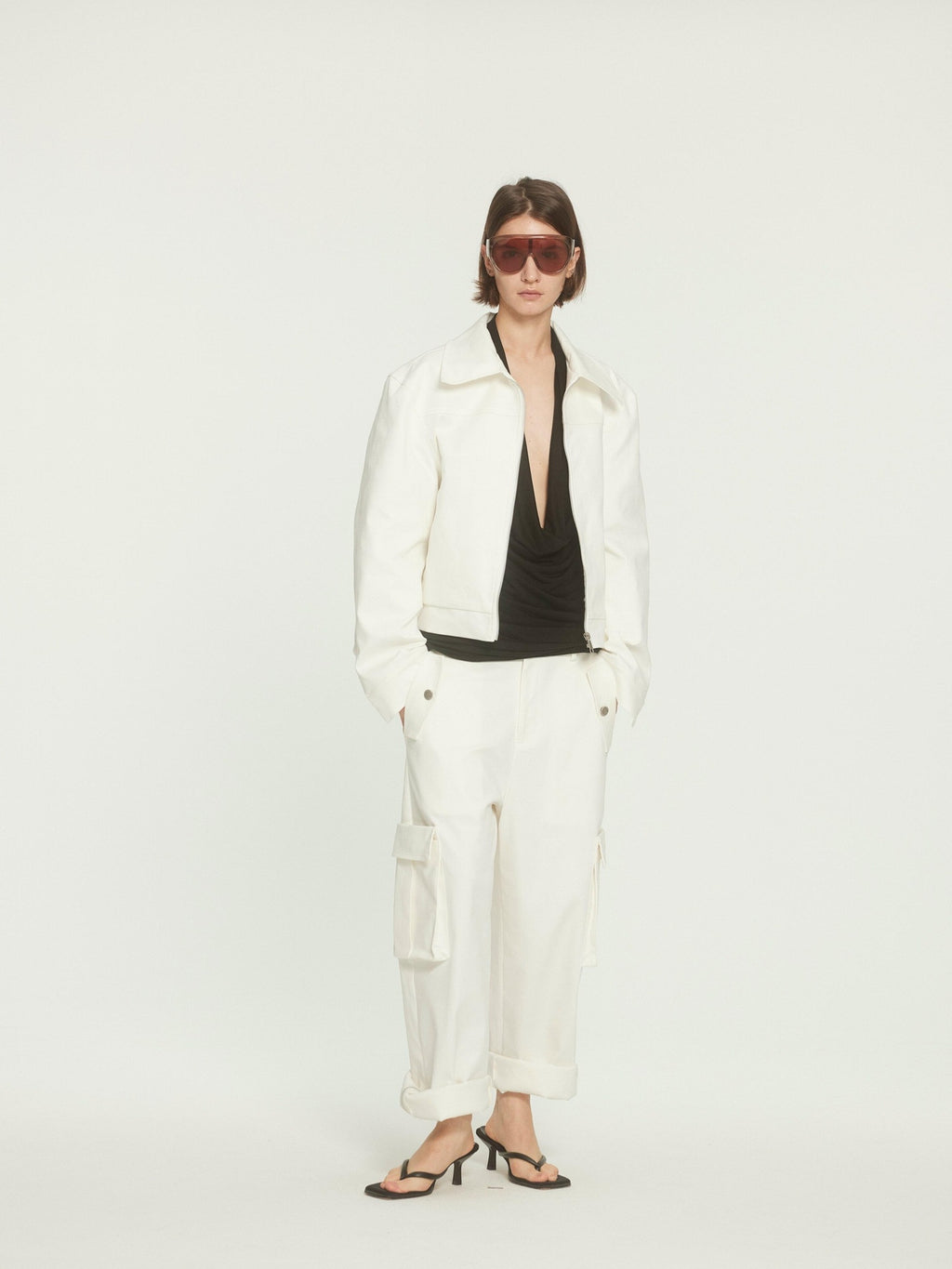 BUZHOU Stretch Cotton Loose Fit Lapel Zip Short White Wide Shoulder Cropped Jackets