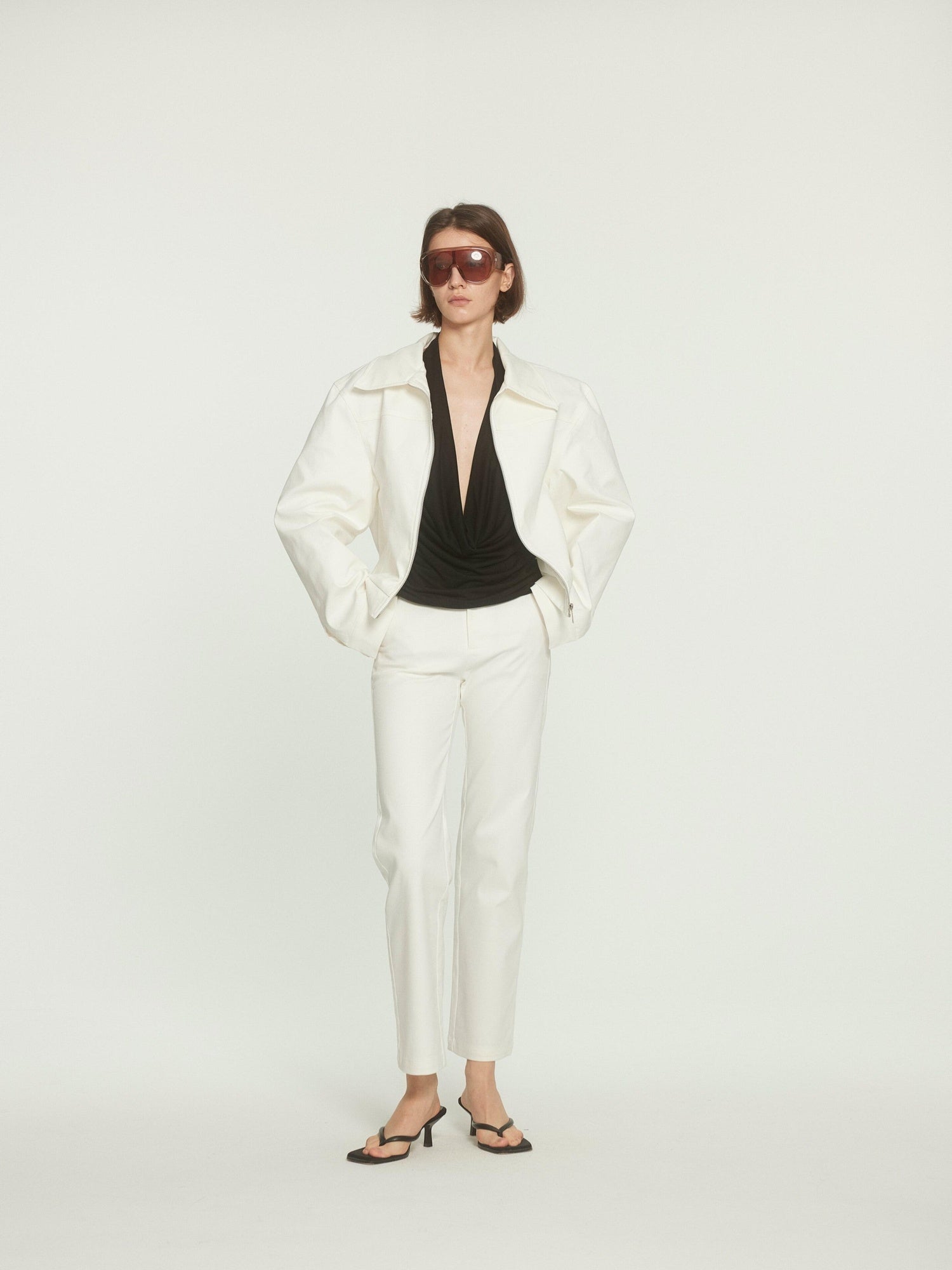 BUZHOU Stretch Cotton Loose Fit Lapel Zip Short White Wide Shoulder Cropped Jackets