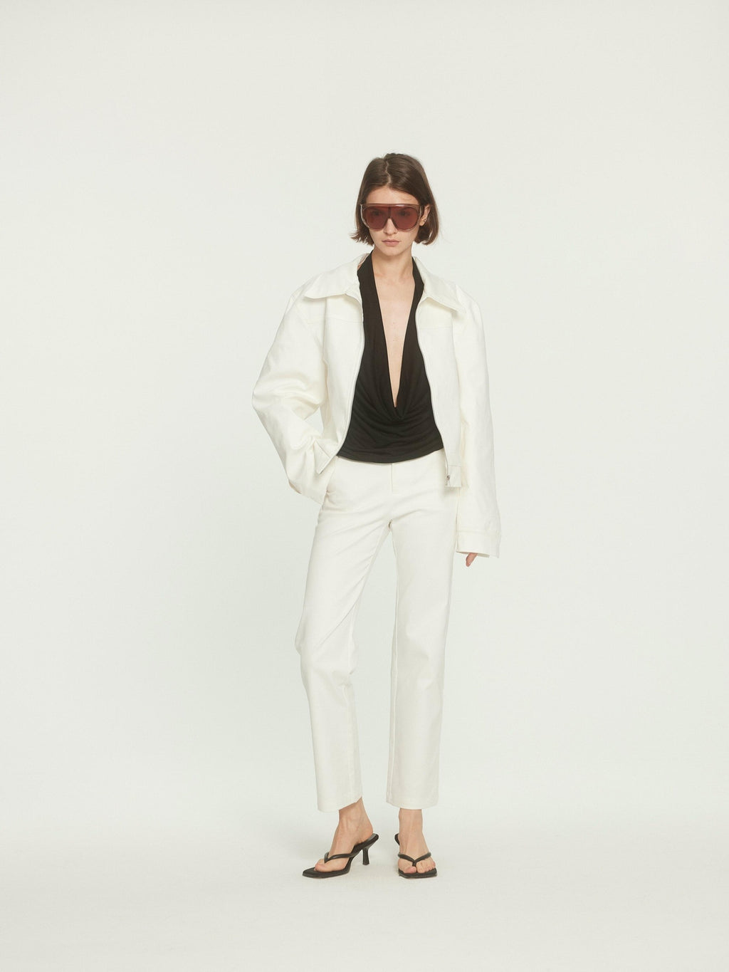 BUZHOU Stretch Cotton Loose Fit Lapel Zip Short White Wide Shoulder Cropped Jackets
