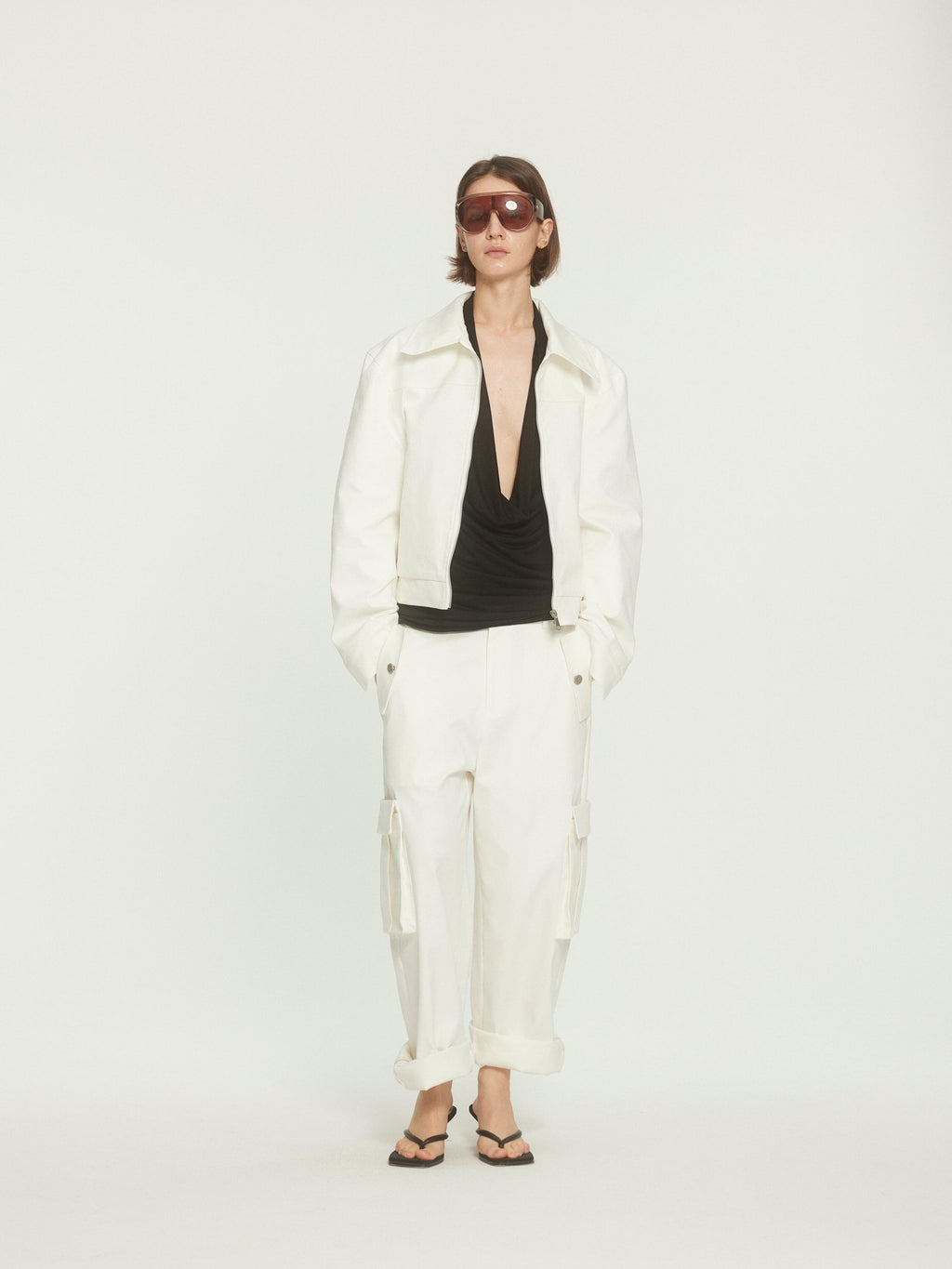 BUZHOU Stretch Cotton Loose Fit Lapel Zip Short White Wide Shoulder Cropped Jackets