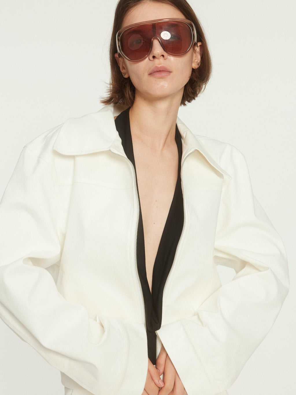 BUZHOU Stretch Cotton Loose Fit Lapel Zip Short White Wide Shoulder Cropped Jackets