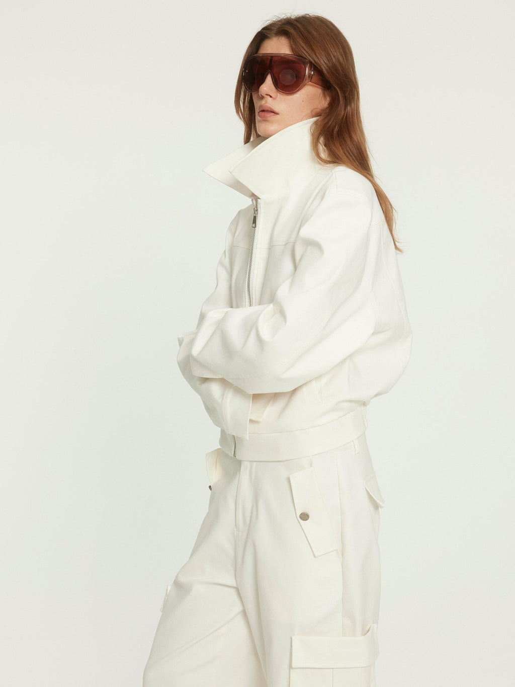 BUZHOU Stretch Cotton Loose Fit Lapel Zip Short White Wide Shoulder Cropped Jackets
