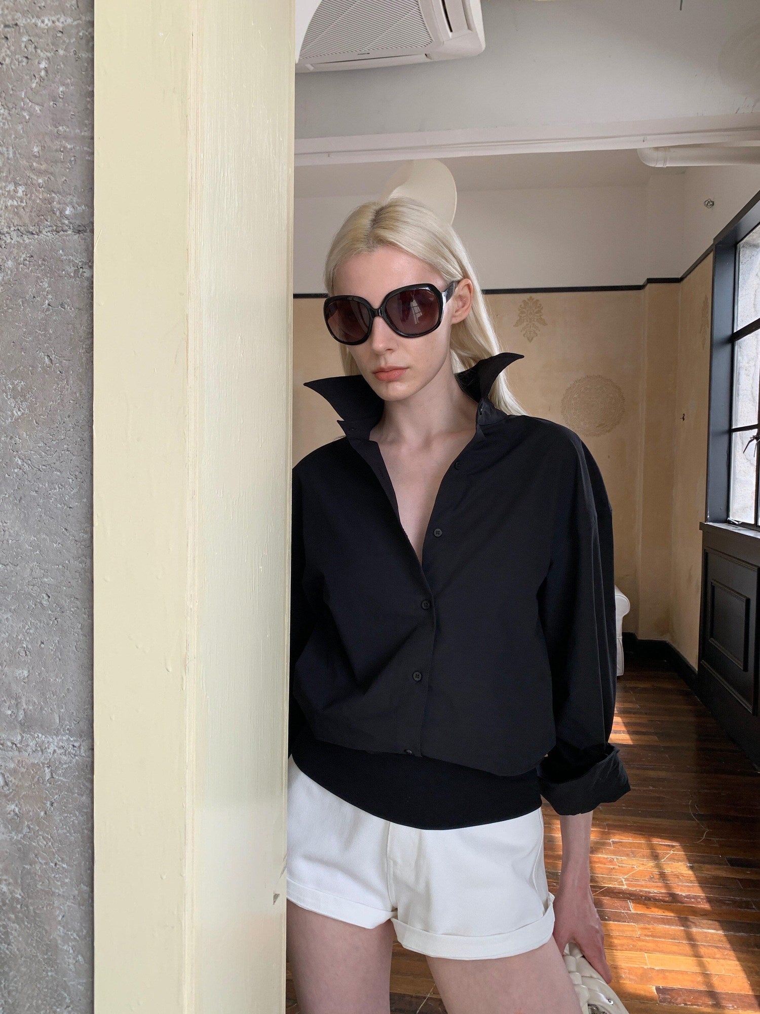 BUZHOU Sun Protective Cotton Patchwork High Waist Turn Collar Women Black Shirts