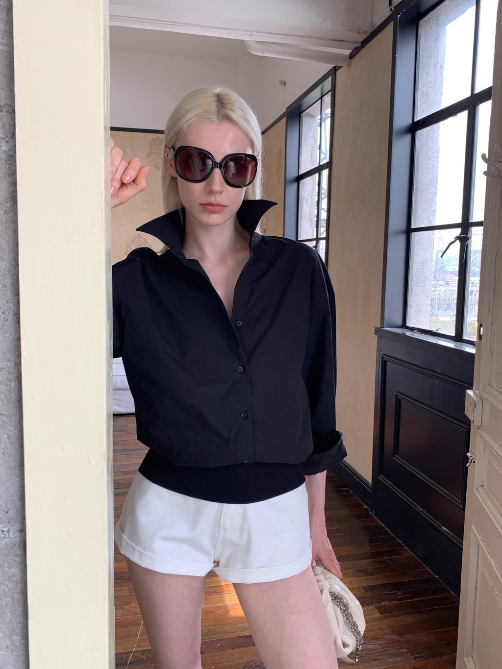 BUZHOU Sun Protective Cotton Patchwork High Waist Turn Collar Women Black Shirts
