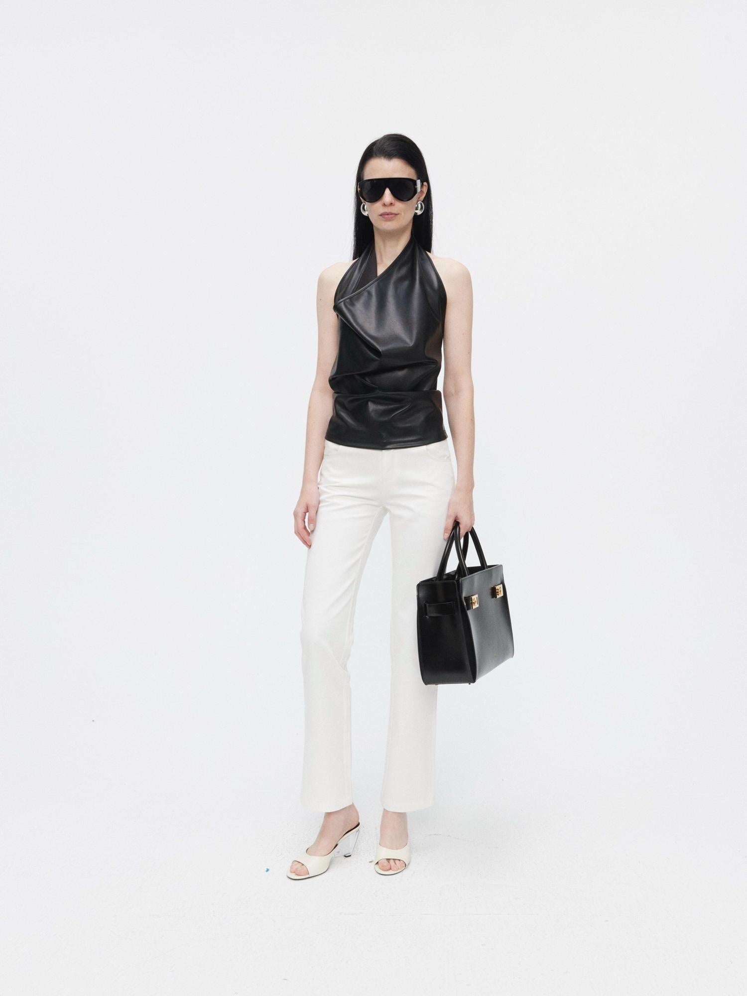 BUZHOU Unpadded Faux Pu Leather Halter Collared Slim Fit Women Black Camisoles