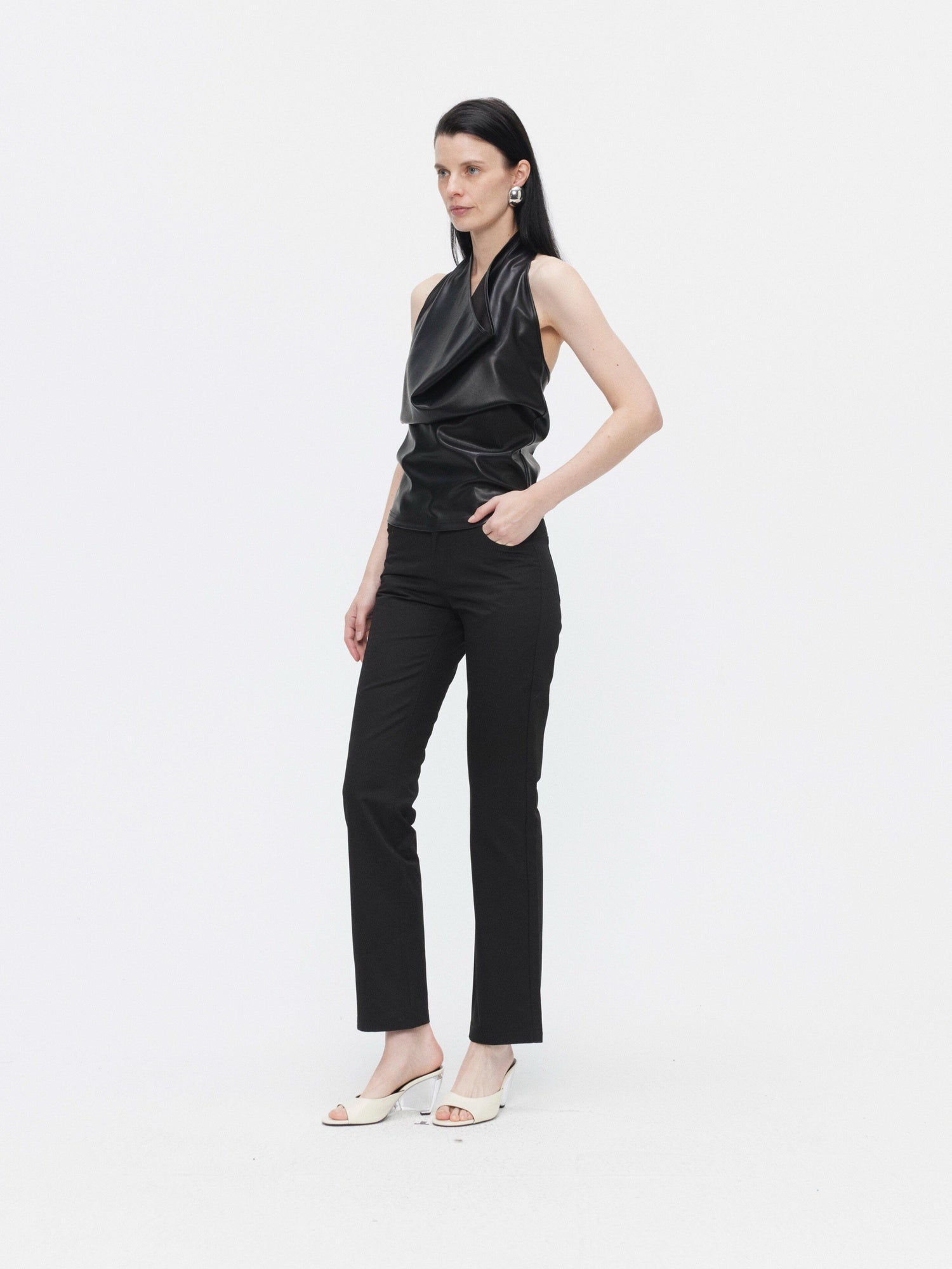 BUZHOU Unpadded Faux Pu Leather Halter Collared Slim Fit Women Black Camisoles