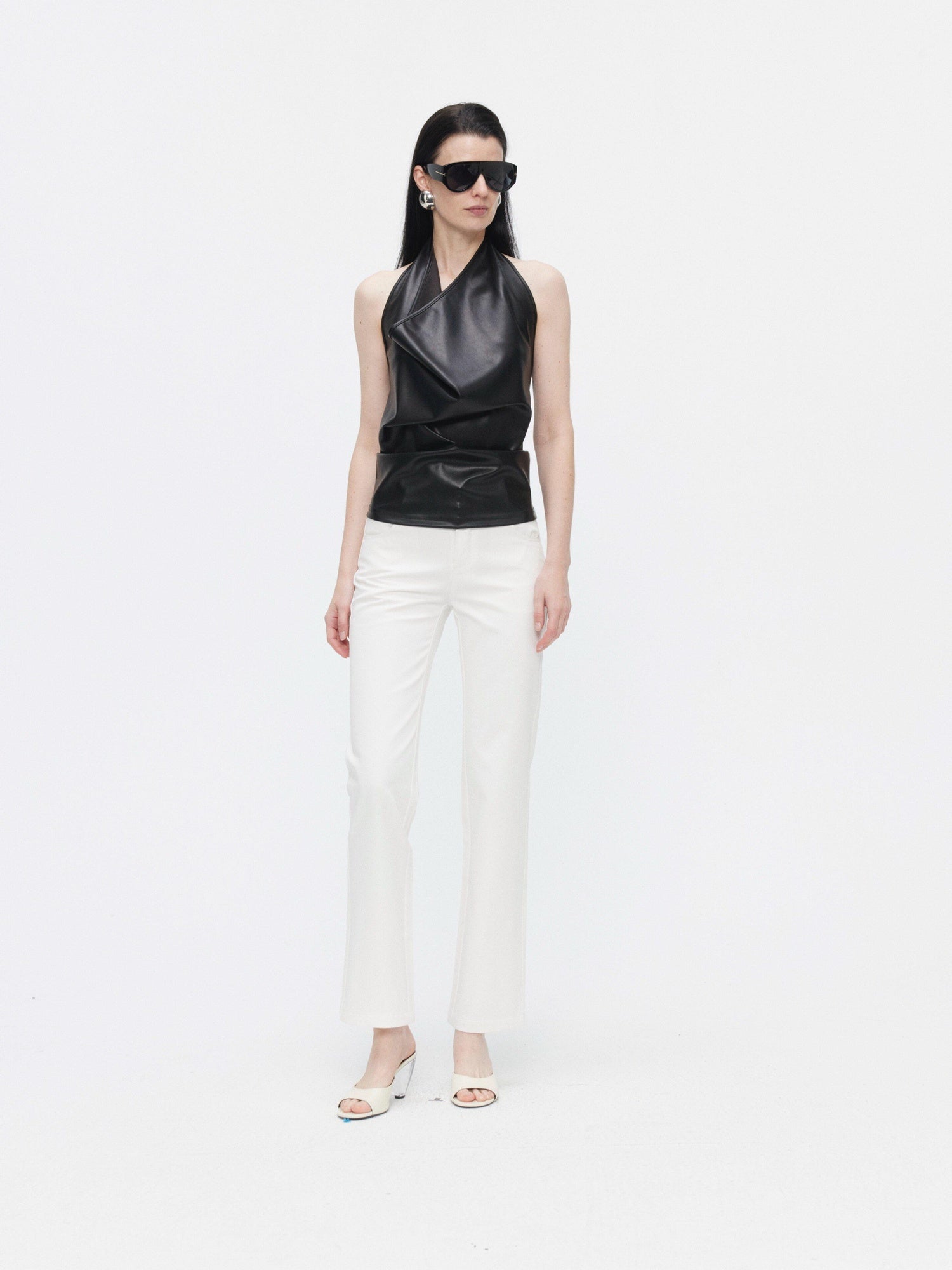 BUZHOU Unpadded Faux Pu Leather Halter Collared Slim Fit Women Black Camisoles