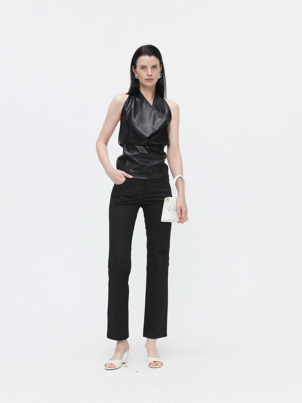 BUZHOU Unpadded Faux Pu Leather Halter Collared Slim Fit Women Black Camisoles