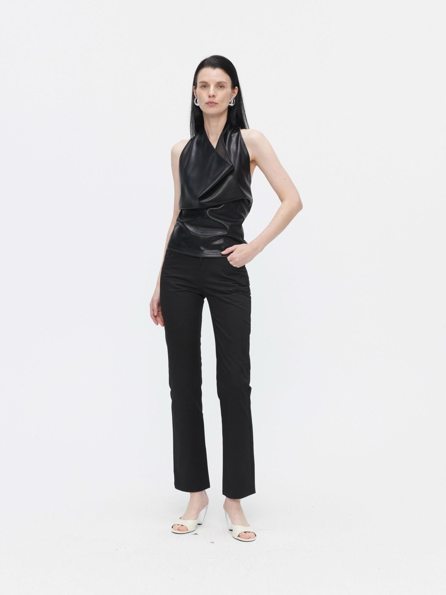 BUZHOU Unpadded Faux Pu Leather Halter Collared Slim Fit Women Black Camisoles