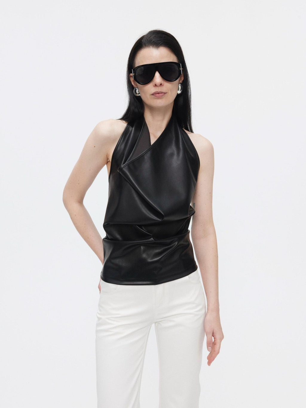 BUZHOU Unpadded Faux Pu Leather Halter Collared Slim Fit Women Black Camisoles