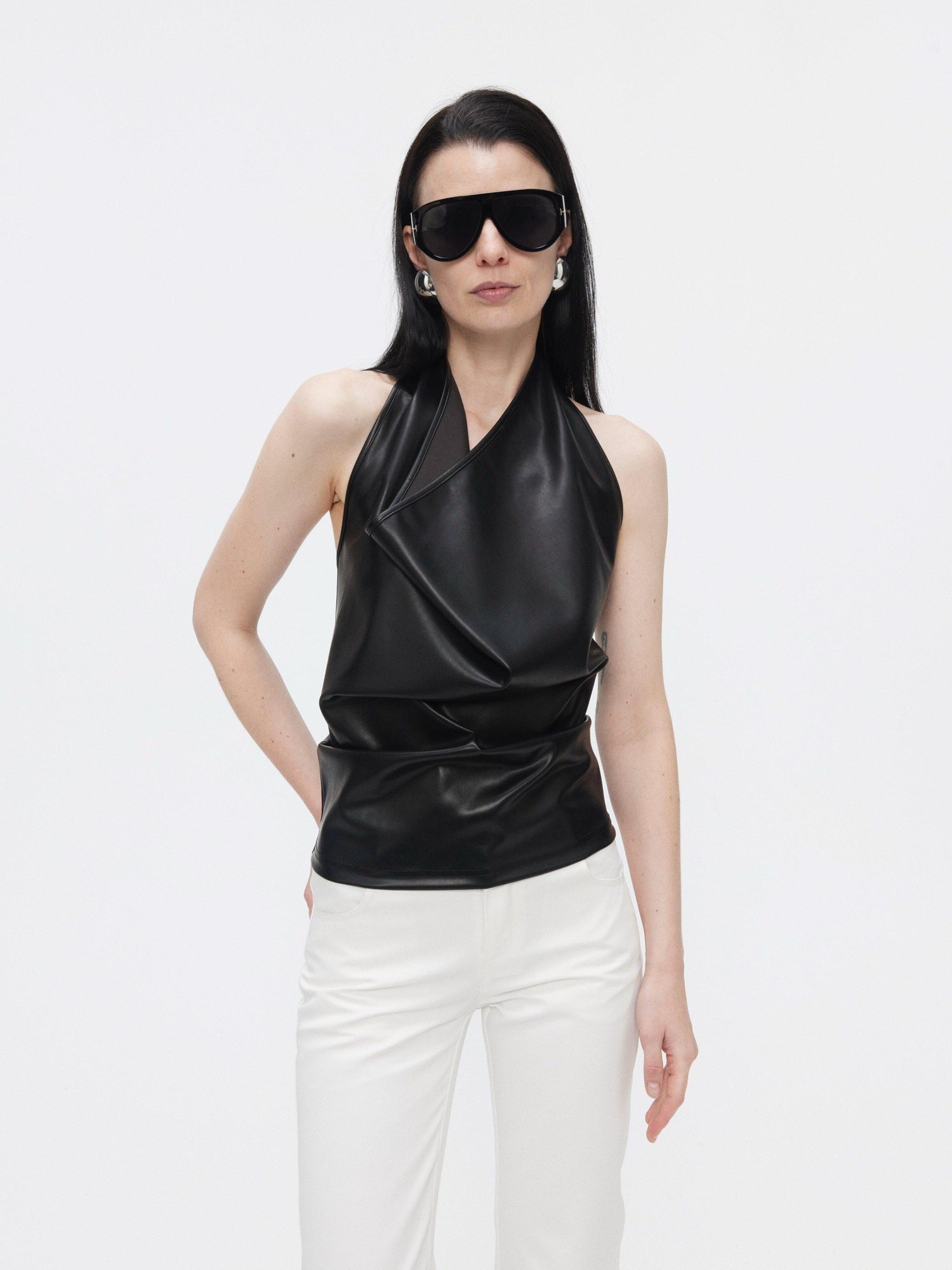 BUZHOU Unpadded Faux Pu Leather Halter Collared Slim Fit Women Black Camisoles