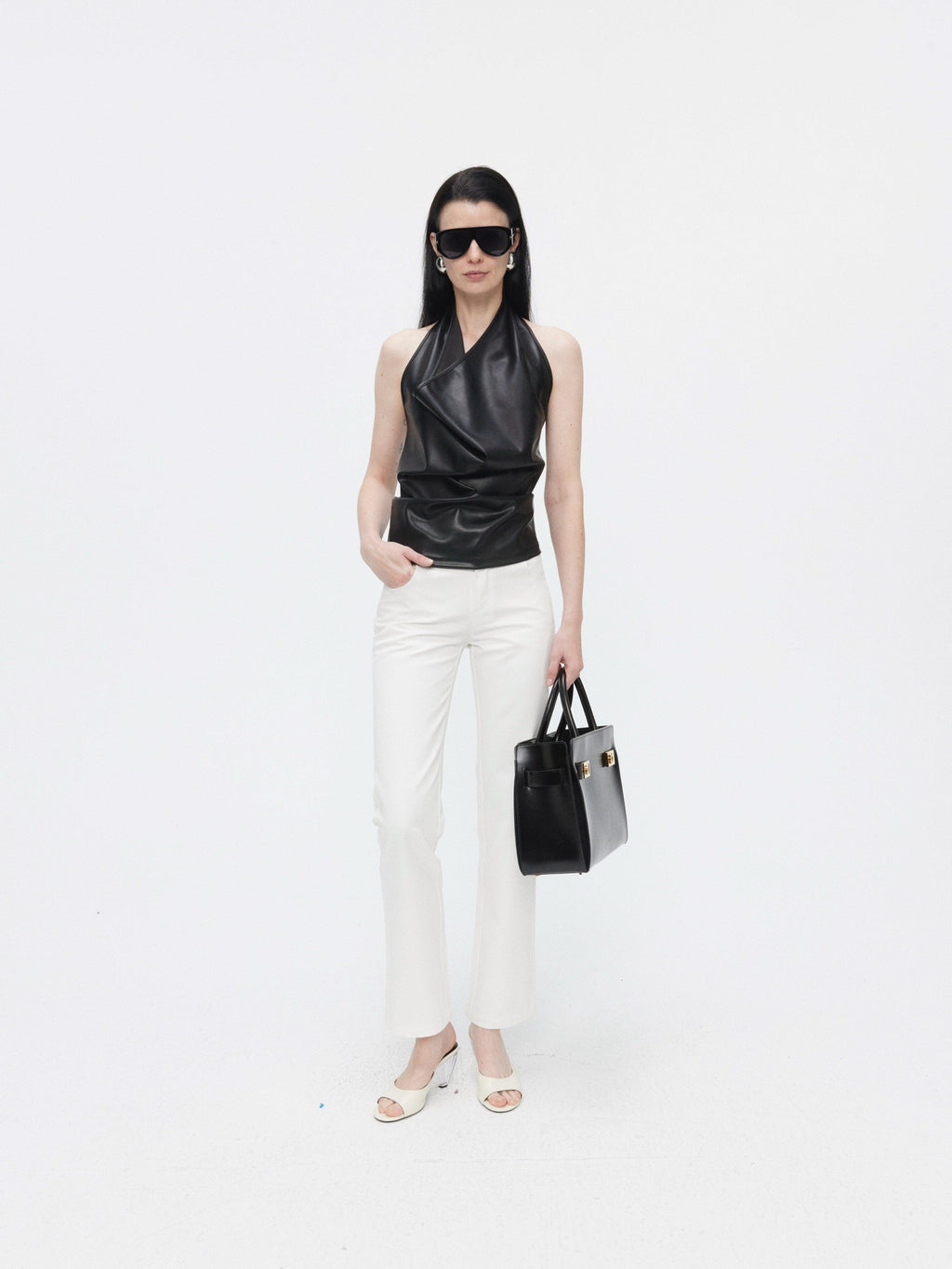BUZHOU Unpadded Faux Pu Leather Halter Collared Slim Fit Women Black Camisoles