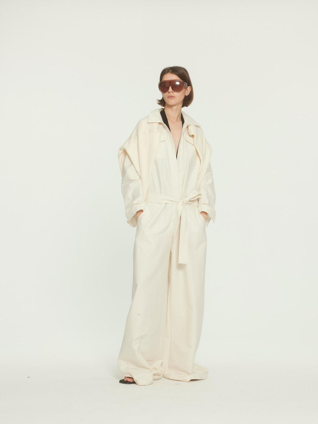 BUZHOU Versatile Beige Straight Leg Mid Waist Office Workwear Jumpsuits