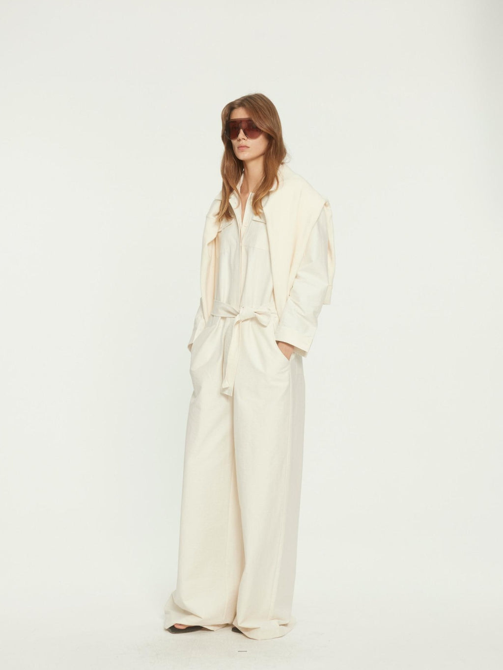 BUZHOU Versatile Beige Straight Leg Mid Waist Office Workwear Jumpsuits