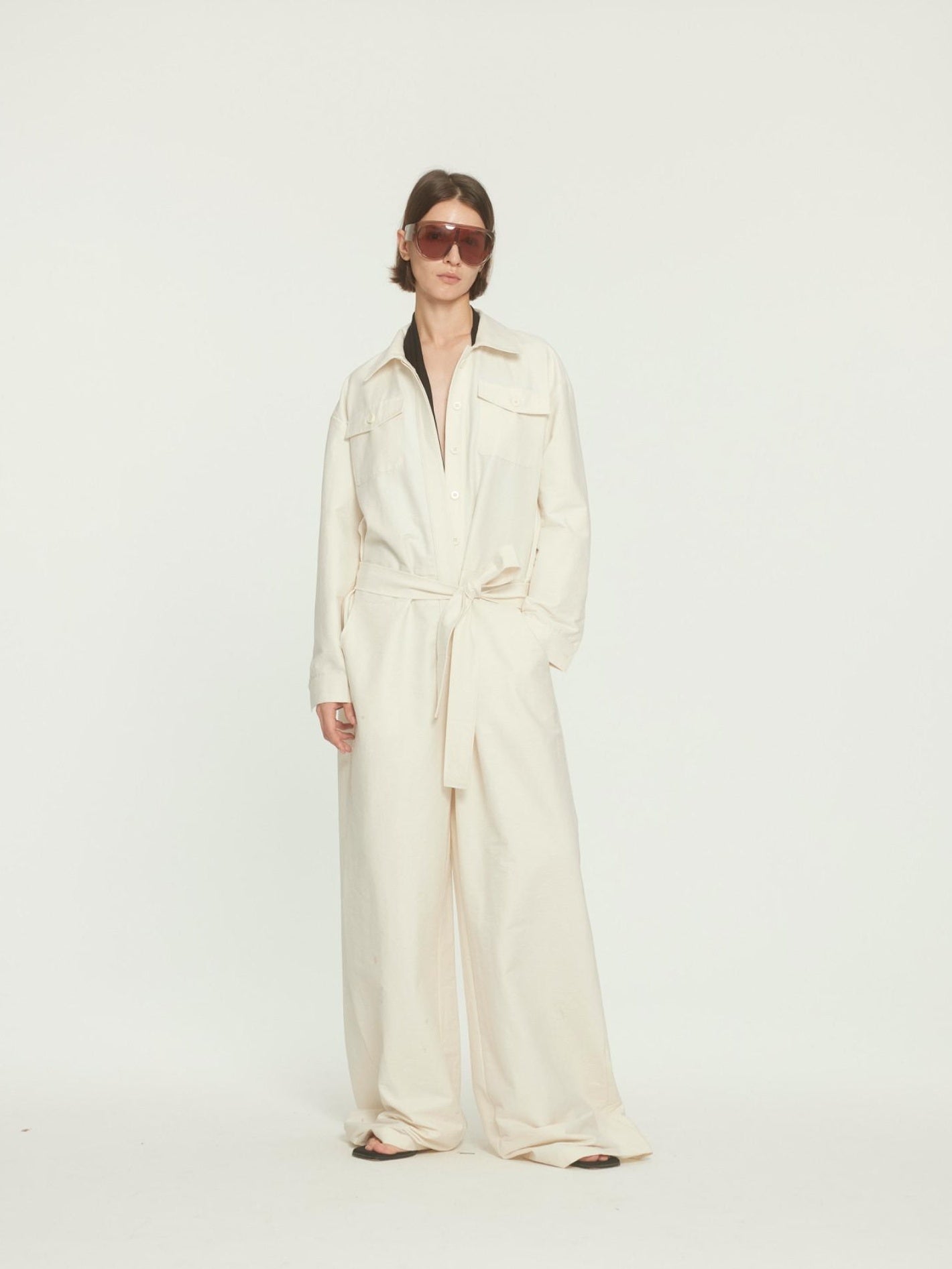 BUZHOU Versatile Beige Straight Leg Mid Waist Office Workwear Jumpsuits