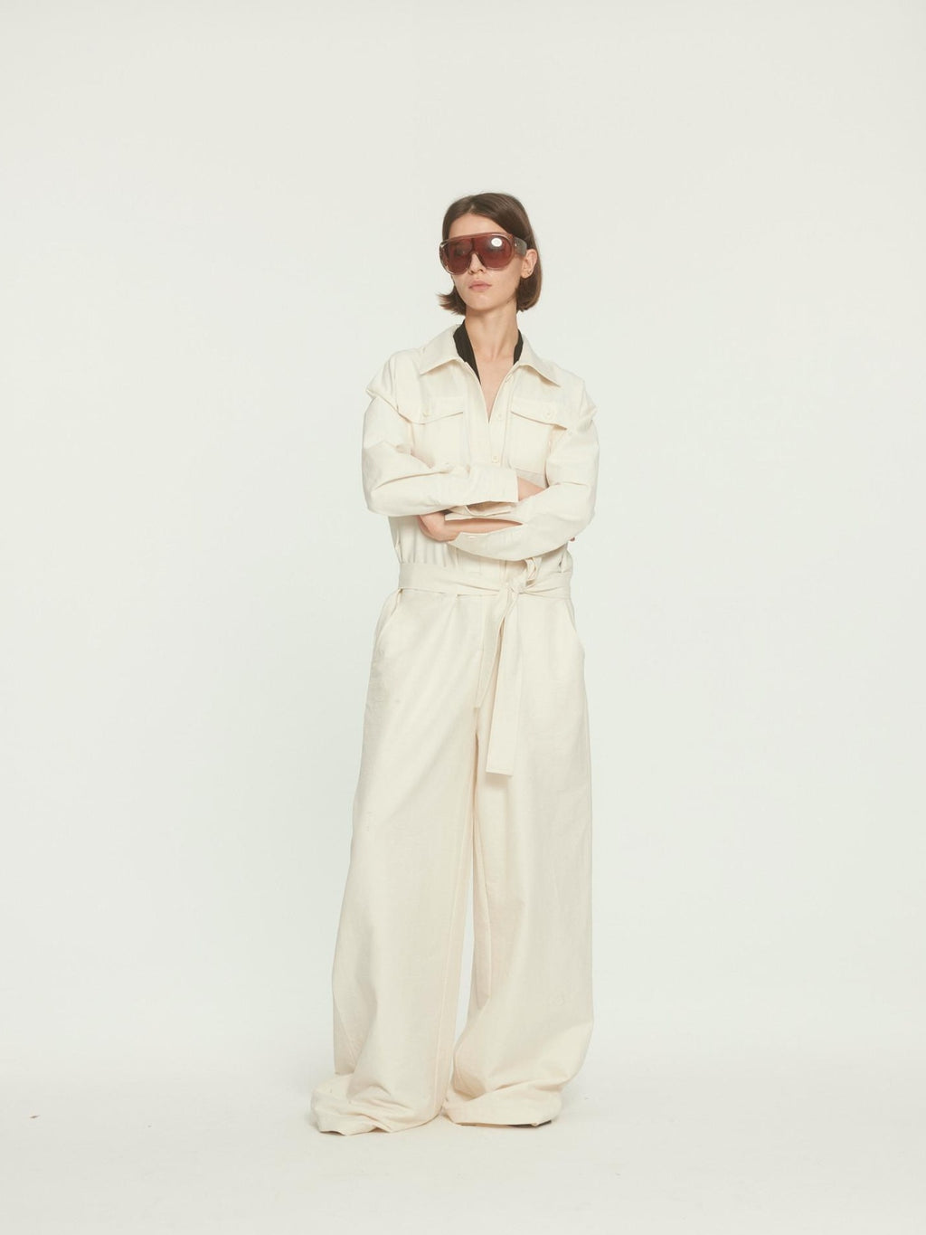 BUZHOU Versatile Beige Straight Leg Mid Waist Office Workwear Jumpsuits