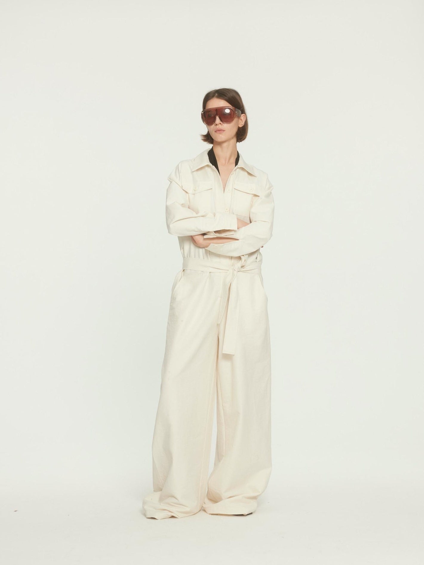 BUZHOU Versatile Beige Straight Leg Mid Waist Office Workwear Jumpsuits