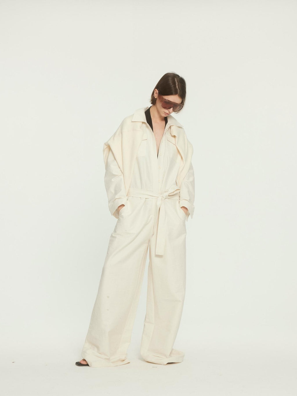 BUZHOU Versatile Beige Straight Leg Mid Waist Office Workwear Jumpsuits